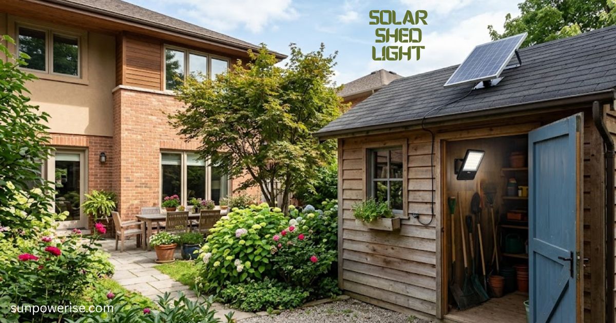 Solar shed light installed on a backyard shed with an external solar panel for off-grid illumination.