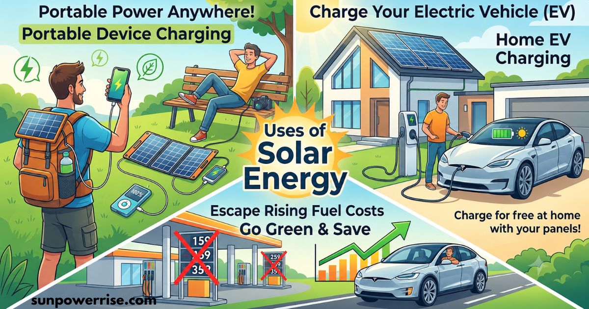 Uses of solar energy infographic showing portable charging, EV charging, and fuel savings.