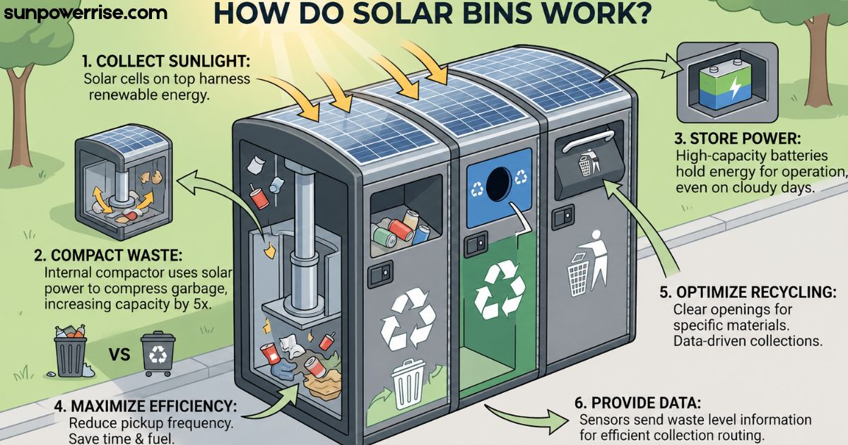 What do solar bins do infographic showing how solar-powered smart bins collect sunlight, compact waste, store energy, optimise recycling, and provide waste collection data.