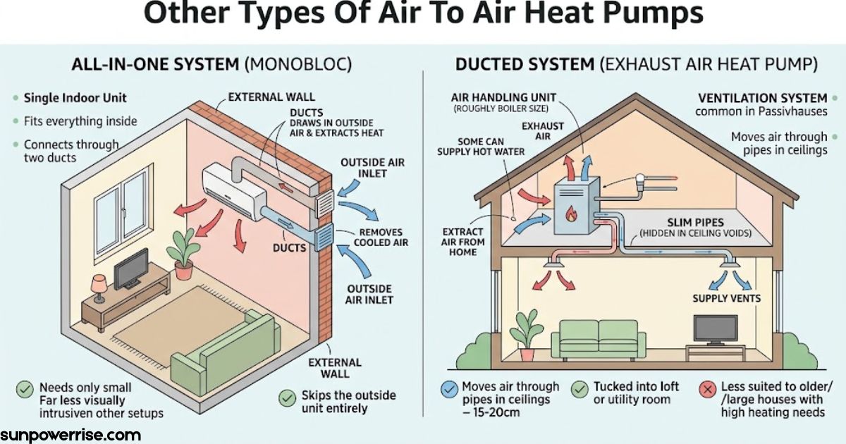 Air to air heat pump types showing all-in-one monobloc and ducted systems with indoor air circulation and ventilation.