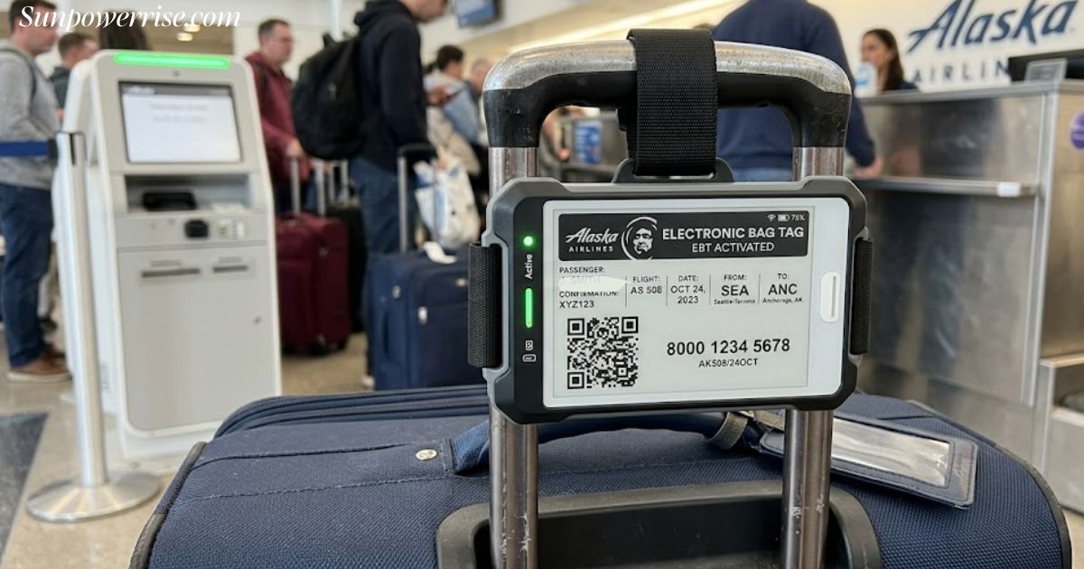 Alaska electronic Airlines tag displayed on a suitcase at an airport check-in counter.
