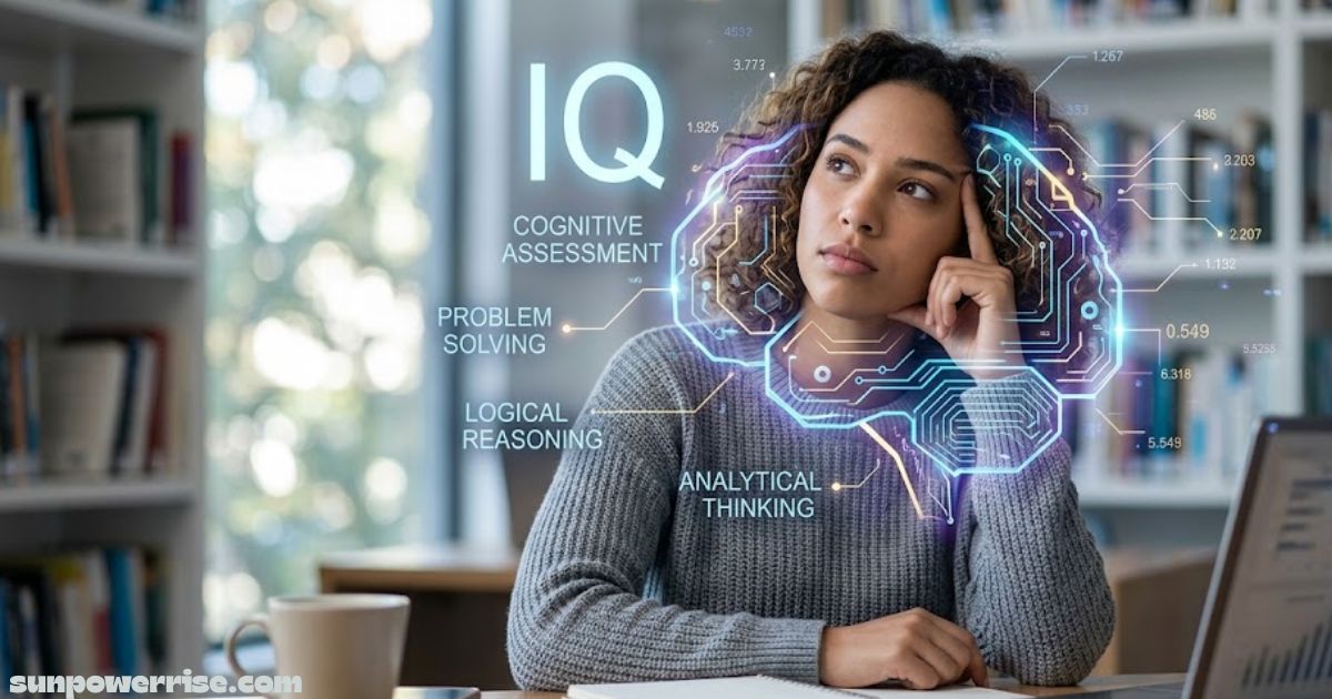 Woman undergoing a cognitive assessment illustrating average IQ UK, logical reasoning, and analytical thinking.