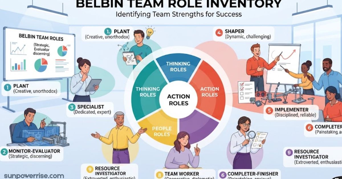 Belbin Team Role Inventory diagram showing nine team roles grouped into thinking, action, and people roles.
