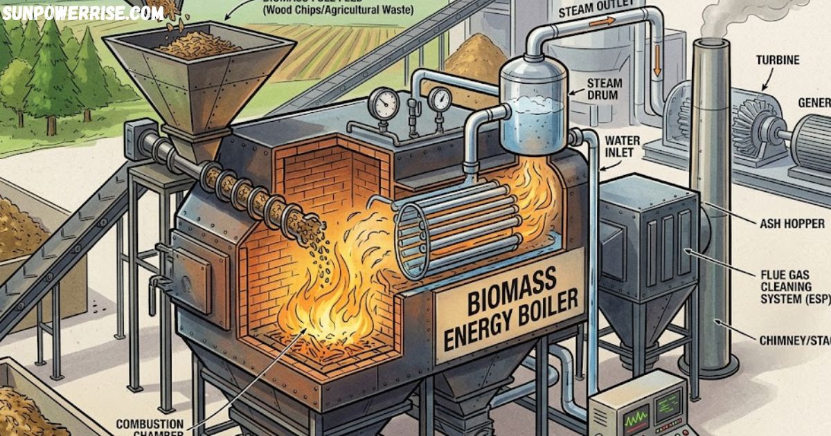 Biomass energy boilers system using wood chips for heat and steam generation
