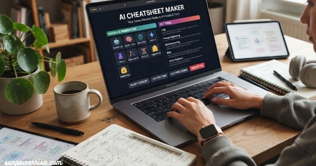 Cheatsheet Maker displayed on a laptop screen, with a user creating AI-generated cheatsheets at a desk.