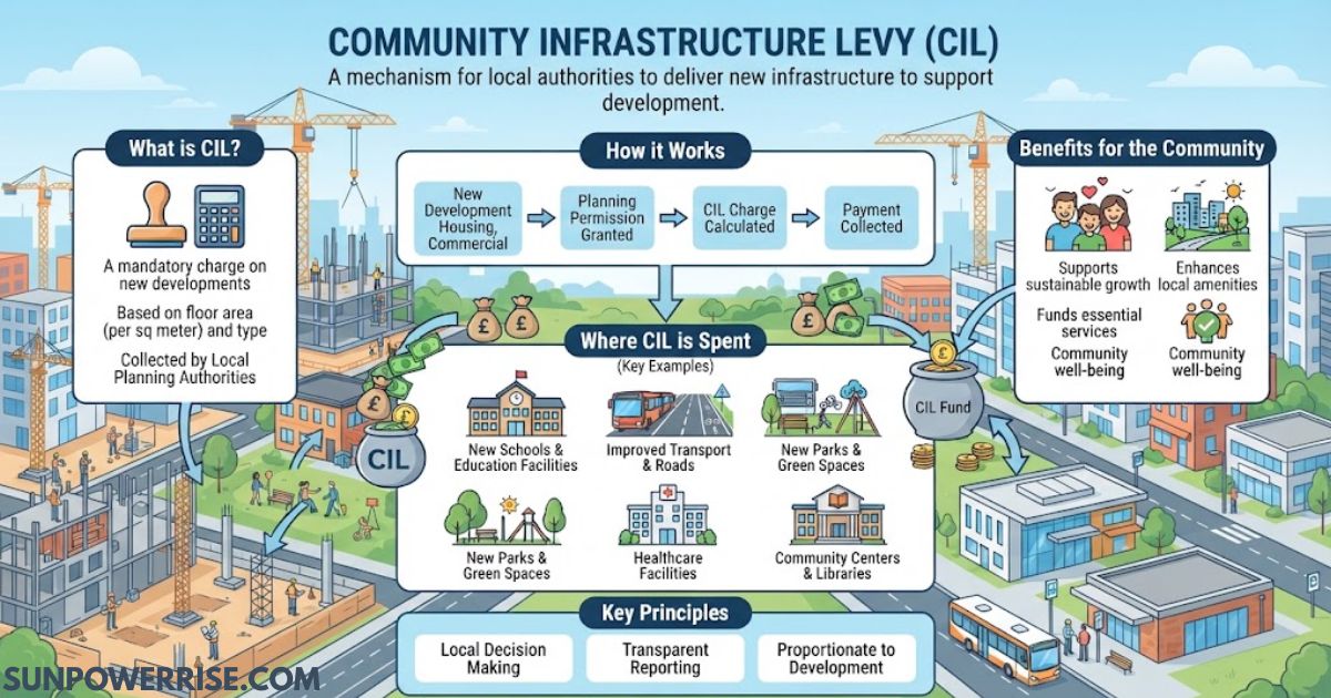 CIL infographic explaining how the Community Infrastructure Levy supports local infrastructure, schools, transport, parks, and community facilities.