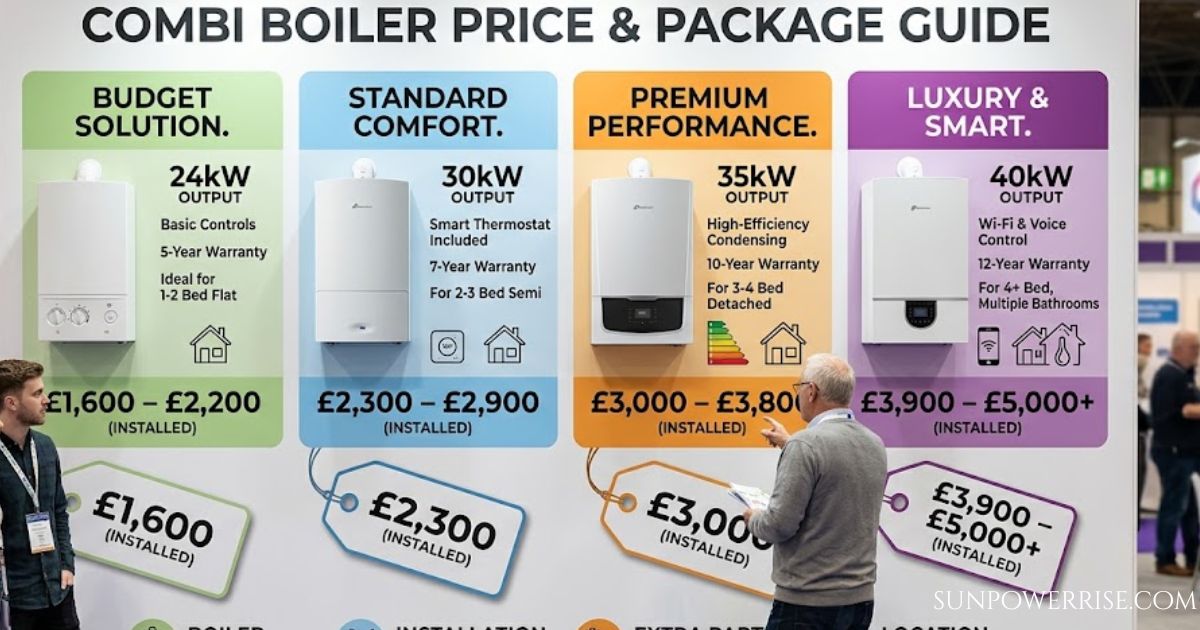 Combi boiler prices guide showing boiler models, outputs from 24kW to 40kW, warranties, features, and installed prices ranging from £1,600 to £5,000+.