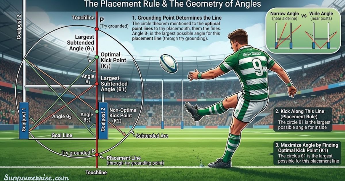 Rugby conversion kick showing optimal kicking position and angles