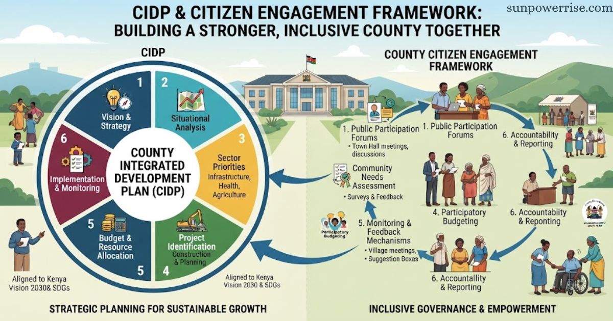 County Integrated Development Plan (CIDP) and citizen engagement framework infographic.