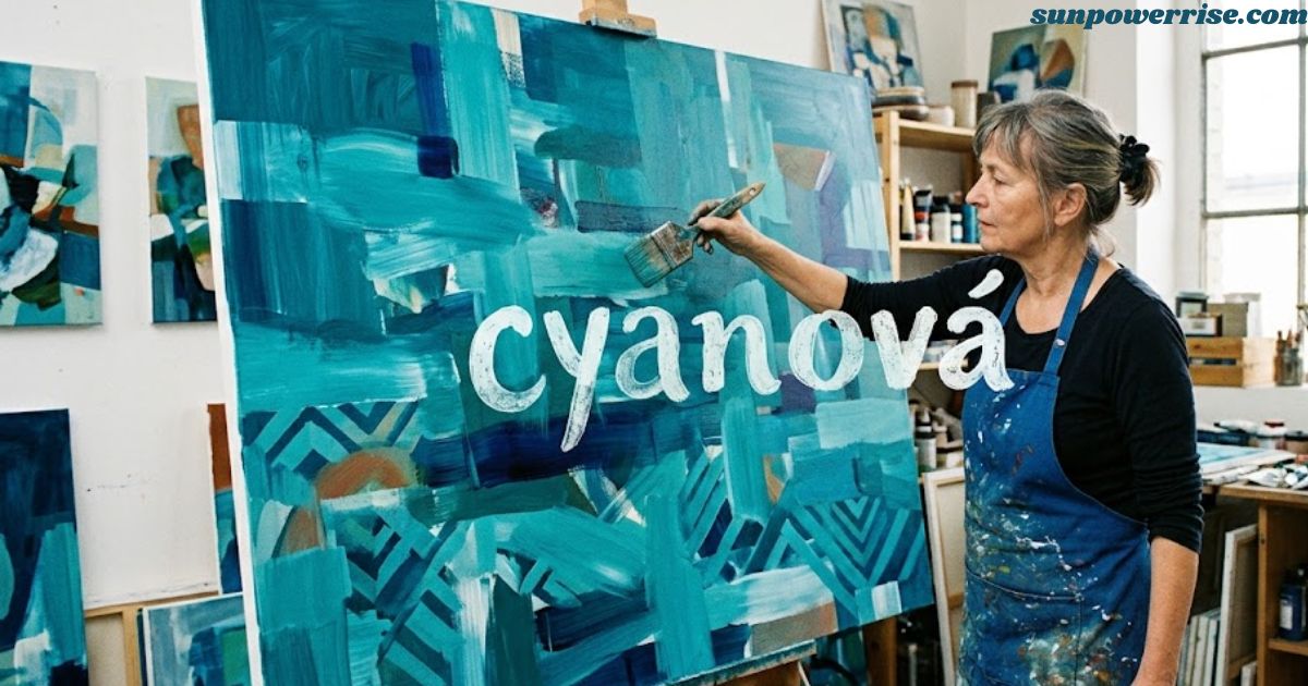Cyanová artist painting a large blue artwork