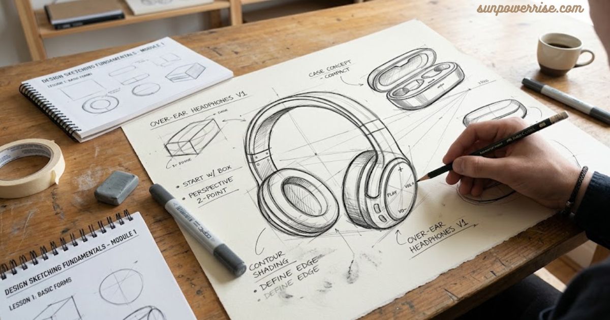 Design drawing of over-ear headphones with detailed sketches, measurements, and concept notes on a work desk.
