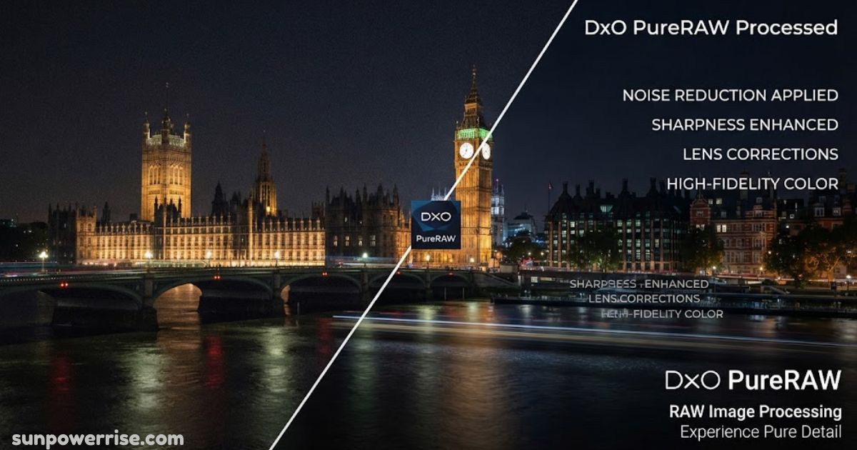DxO PureRAW enhancing a night photo of London with noise reduction, sharpness, lens corrections, and high-fidelity colour.