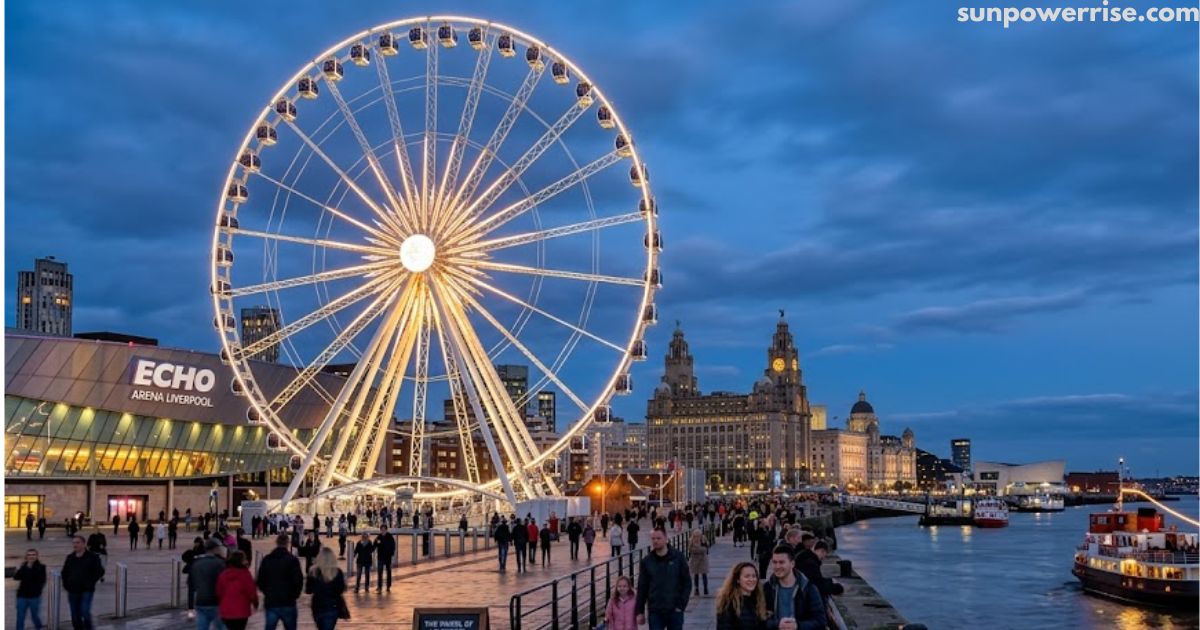 Echo Wheel of Liverpool illuminated at night near the waterfront