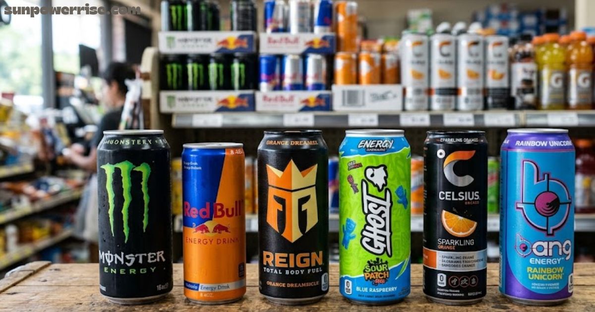 Energy drinks displayed in a store, featuring popular brands and colorful cans.