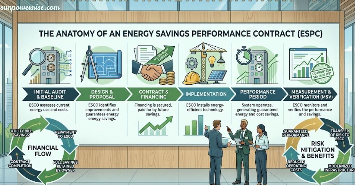 Infographic showing the stages and financial flow of an Energy Savings Performance Contract.