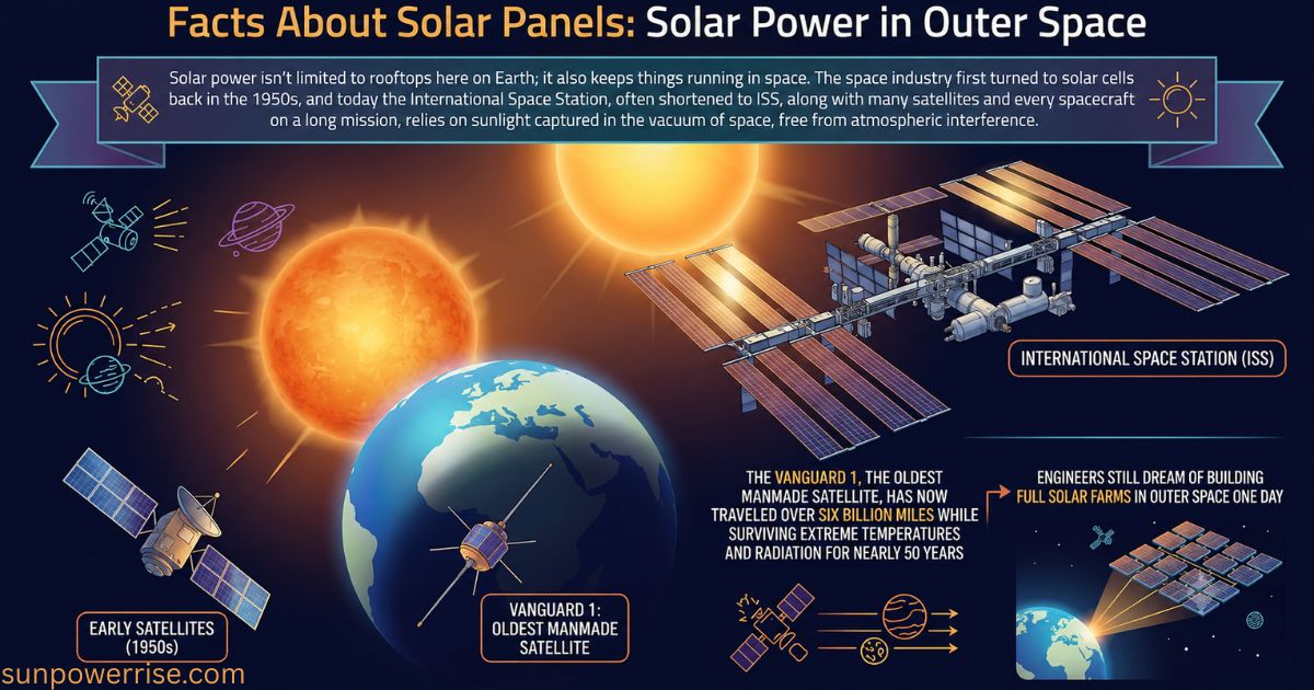 Facts About Solar Panels infographic showing solar-powered satellites, the International Space Station, and solar energy used in outer space.