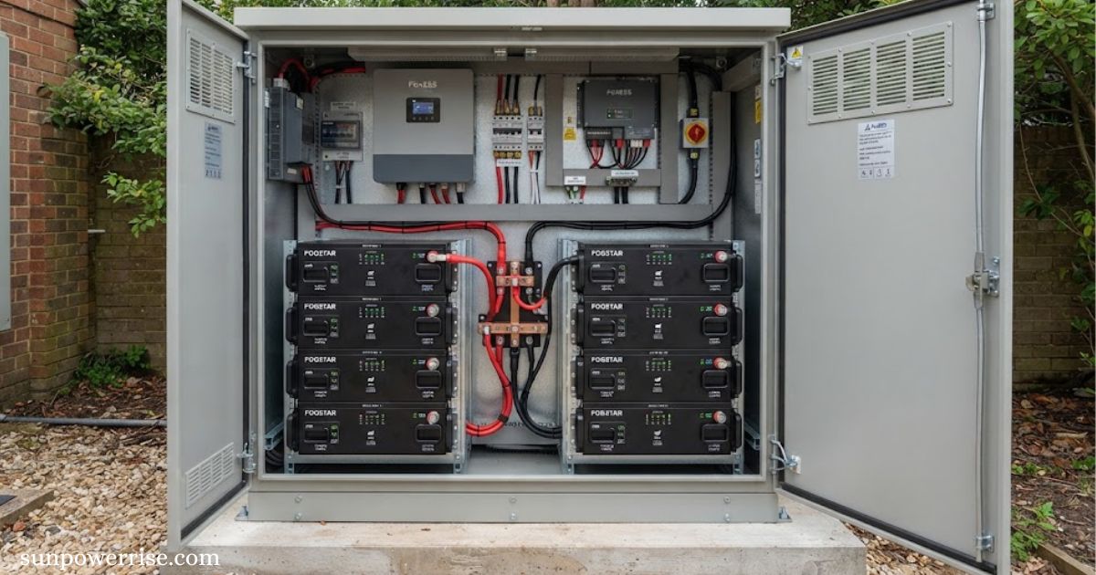 Fogstar battery system installed in an outdoor electrical enclosure with multiple battery units and power management equipment.