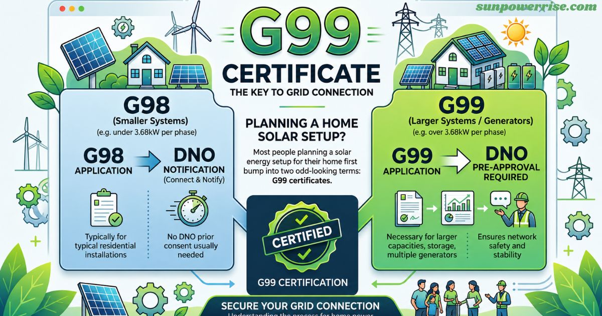 G99 certificate infographic comparing G98 and G99 solar grid connection requirements, DNO approval process, and UK residential solar installation rules