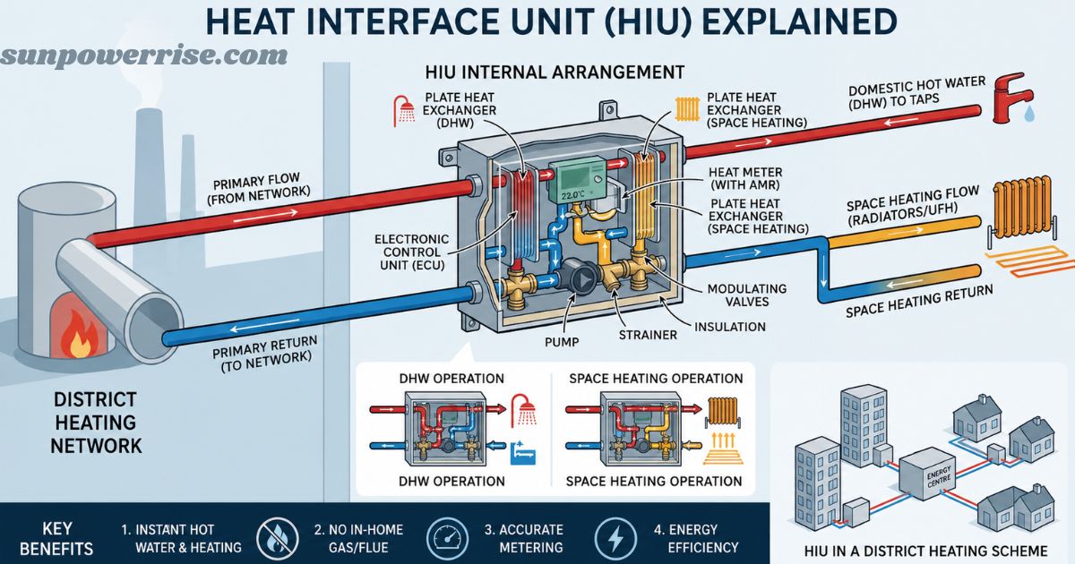 HIU diagram showing district heating and hot water connections.