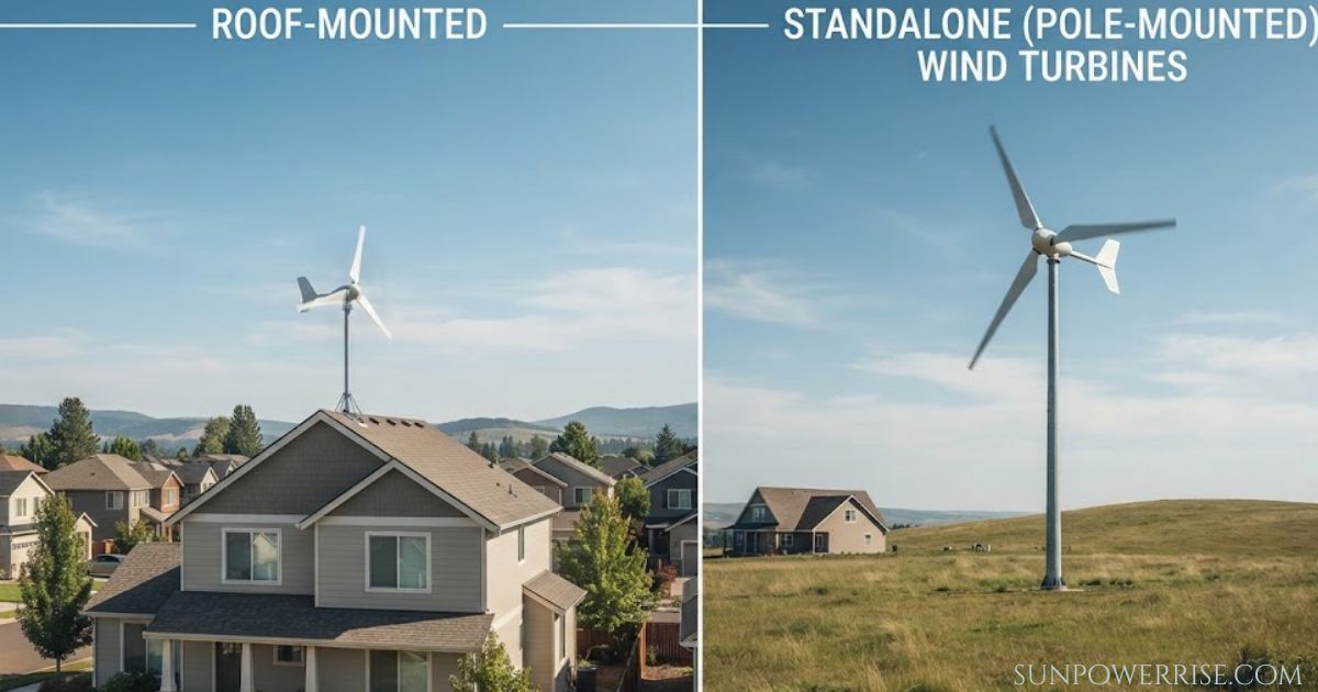 Comparison of roof-mounted and standalone wind turbines for home wind turbine energy.