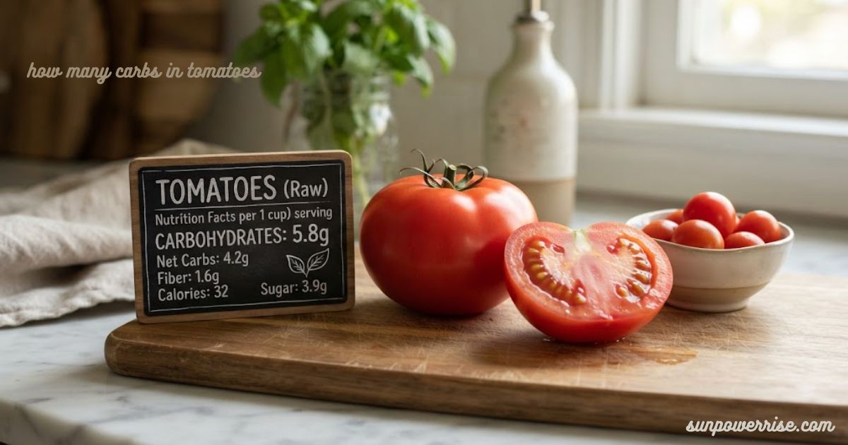 Fresh whole and sliced tomatoes with a nutrition label showing carbohydrate content, illustrating how many carbs in tomatoes.