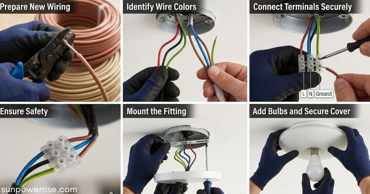 How to change a light fitting with steps for wiring, connecting terminals, mounting the fixture, and securing the cover.