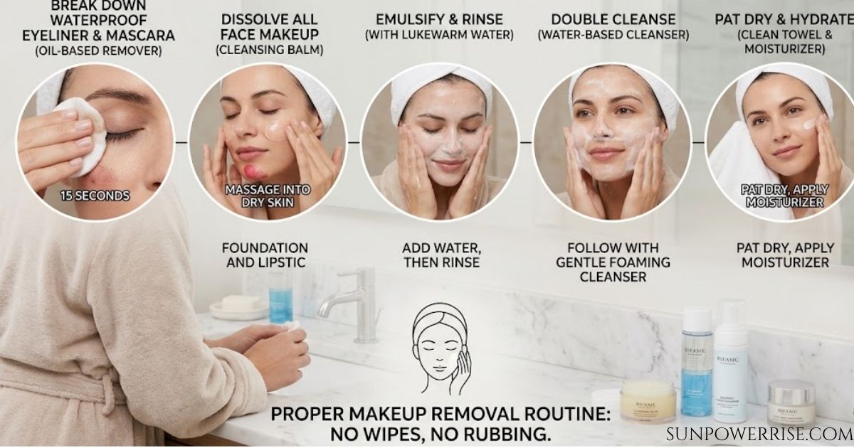 Step-by-step guide on how to remove makeup properly, from dissolving eye makeup and cleansing to rinsing, double cleansing, and moisturizing.