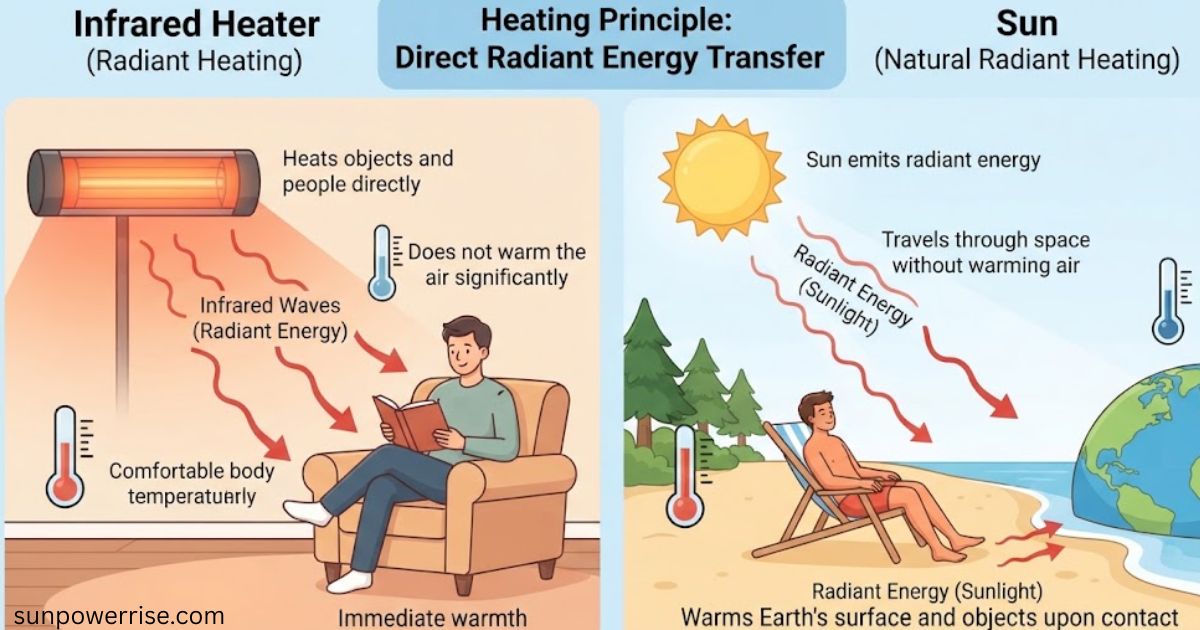 Infrared heater diagram showing direct radiant energy transfer, with infrared waves heating people and objects without significantly warming the air.