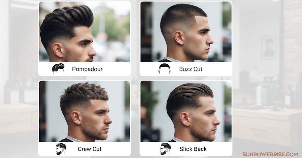 Low fade haircut styles featuring pompadour, buzz cut, crew cut, and slick back hairstyles.