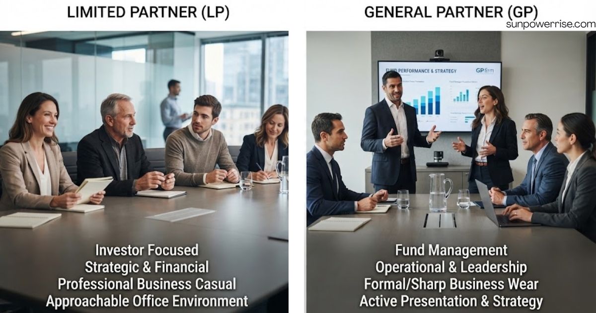Side-by-side comparison of LP vs GP, showing a limited partner focused on investing and a general partner focused on fund management.