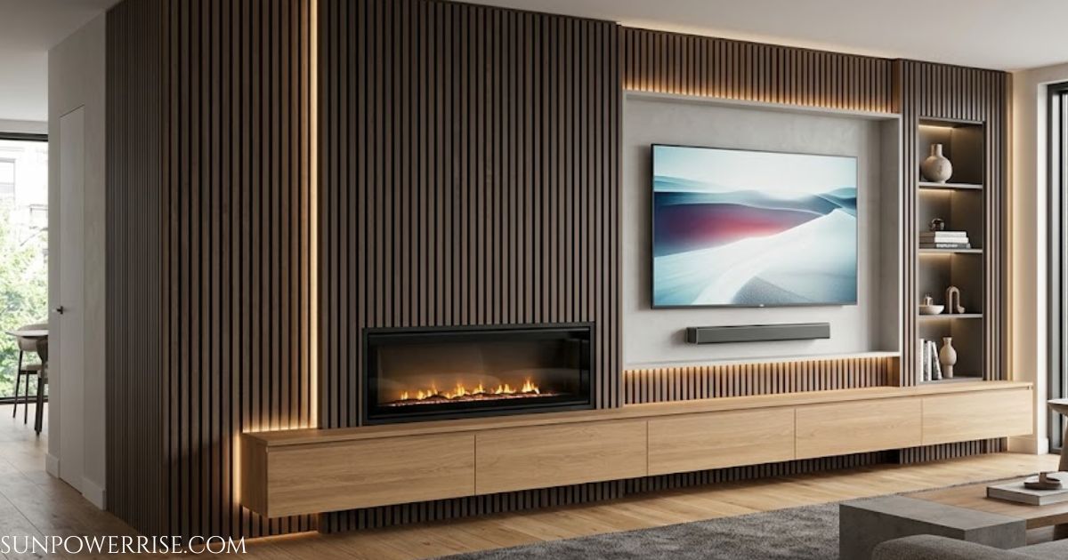 Modern living room showcasing media wall ideas with a wood slat feature wall, mounted TV, electric fireplace, built-in storage, and warm LED lighting.