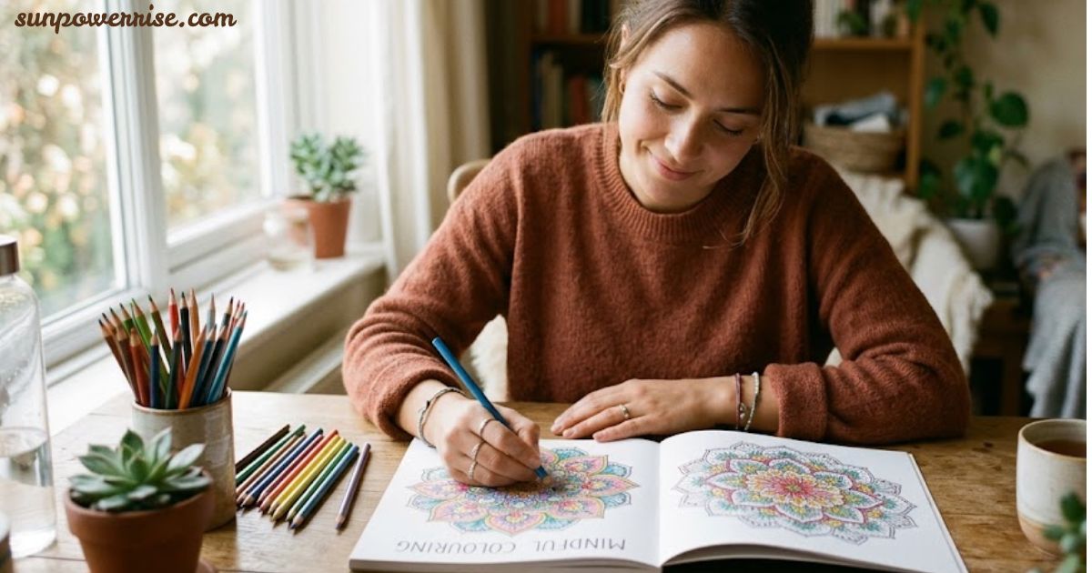 Mindful colouring with a woman colouring a detailed mandala design