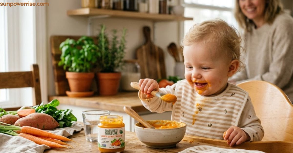 Toddler eating organic baby food in a bright family kitchen