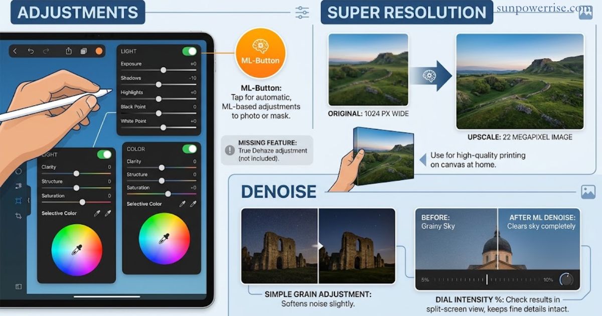 Photomator price and photo editing features, including adjustments, super resolution, and AI denoise tools.