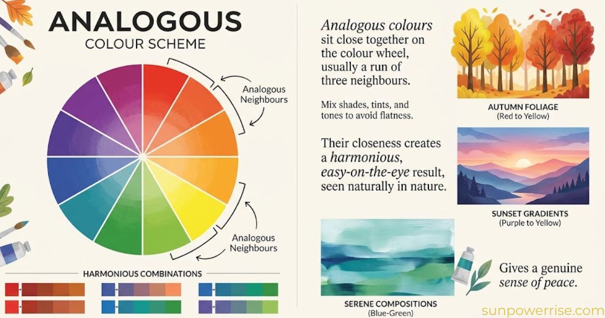 Primary wheel colour scheme showing analogous colours and harmonious colour combinations.