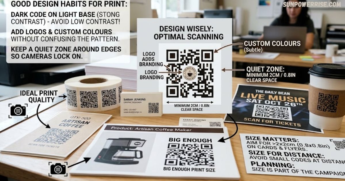 QR codes in print showing design, sizing, contrast, branding, and scanning guidelines.