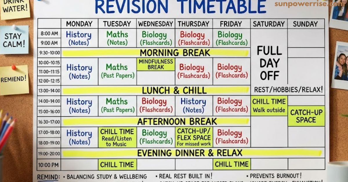 Colour-coded revision timetable for balanced exam preparation