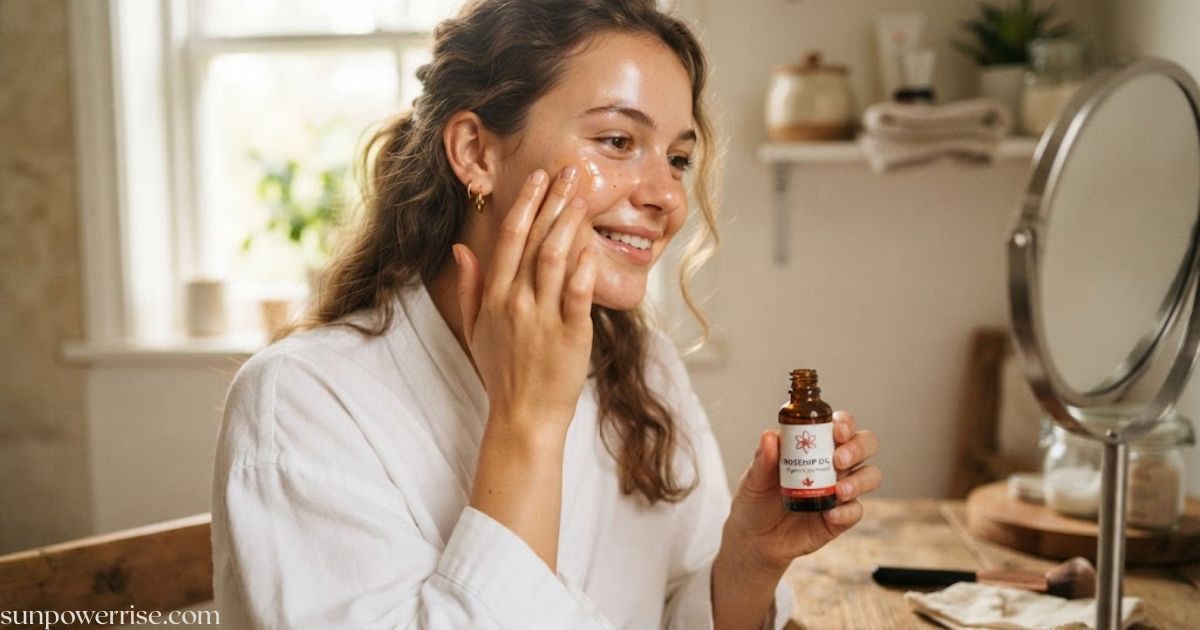 Woman applying rosehip oil to her face while holding a bottle of rosehip oil in a bathroom.
