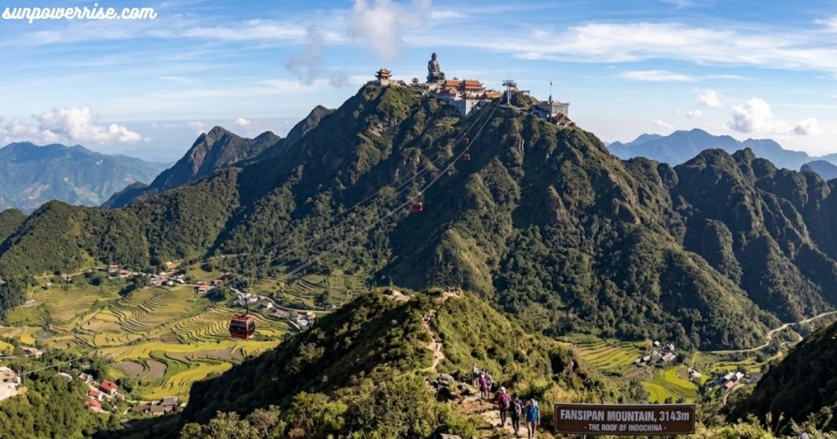 Sapa Vietnam mountain landscape featuring Fansipan Peak, a cable car, lush green valleys, terraced rice fields, and surrounding mountain ranges.