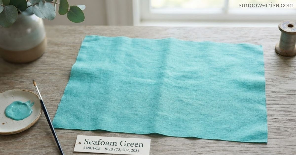 Seafoam green fabric swatch with paintbrush and color palette on a wooden table.
