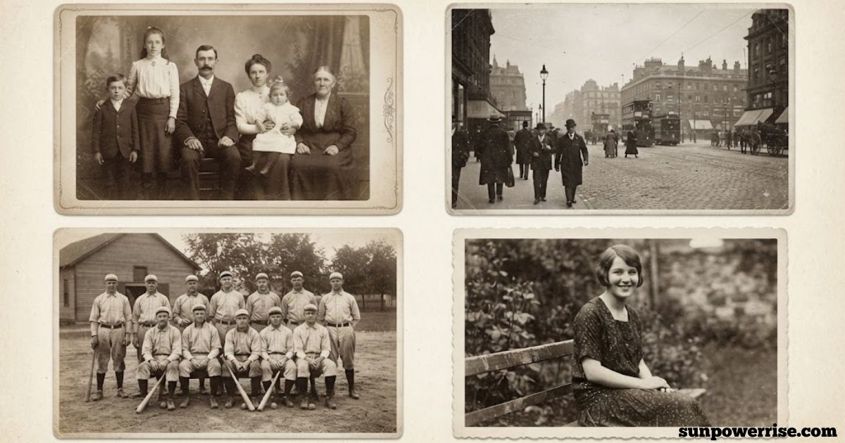 Sepia photos showing vintage family portraits, historic city streets, a baseball team, and a woman from the early 20th century.