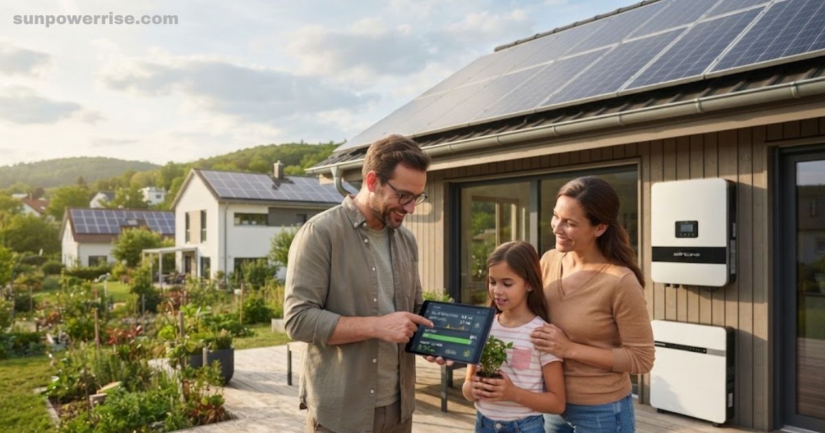 Smart solar system with rooftop solar panels, home battery storage, and a family monitoring energy use on a tablet.