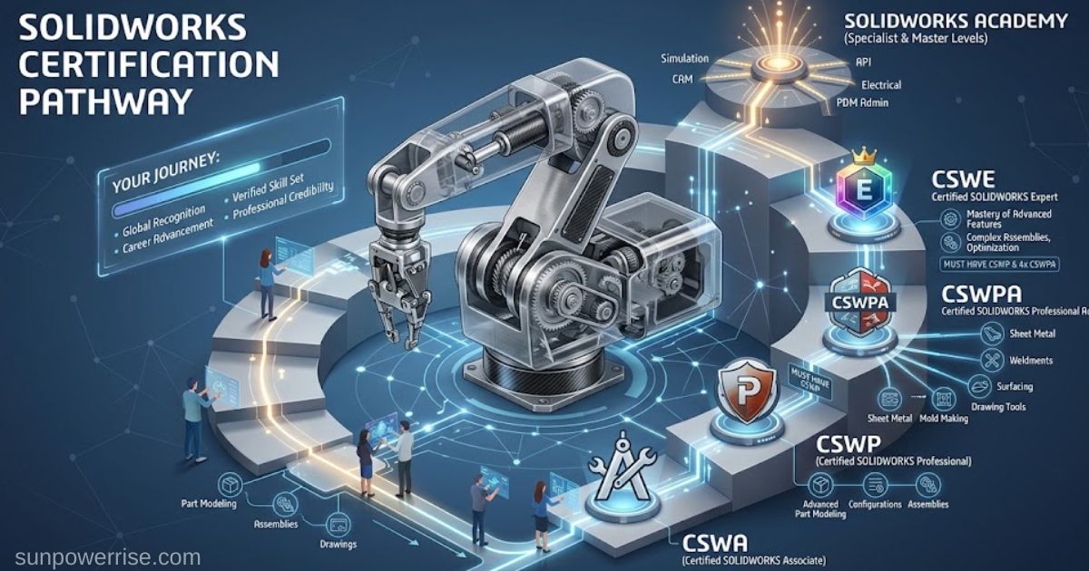 SolidWorks certification pathway showing a certification levels including CSWA, CSWP, CSWPA, and CSWE.