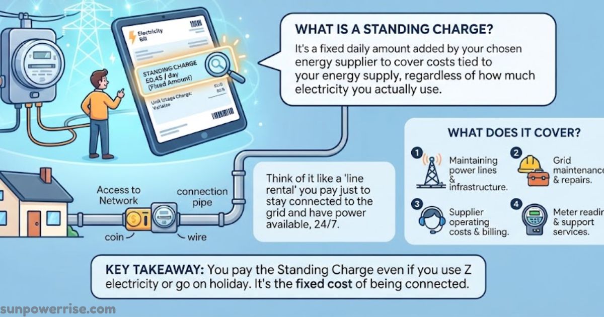 Standing charge electricity infographic explaining the fixed daily cost of staying connected to the power grid.
