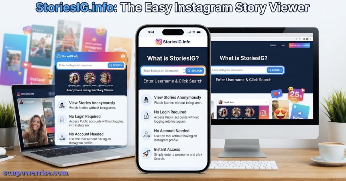 StoriesIG anonymous Instagram story viewer shown on a phone, laptop, and desktop screen