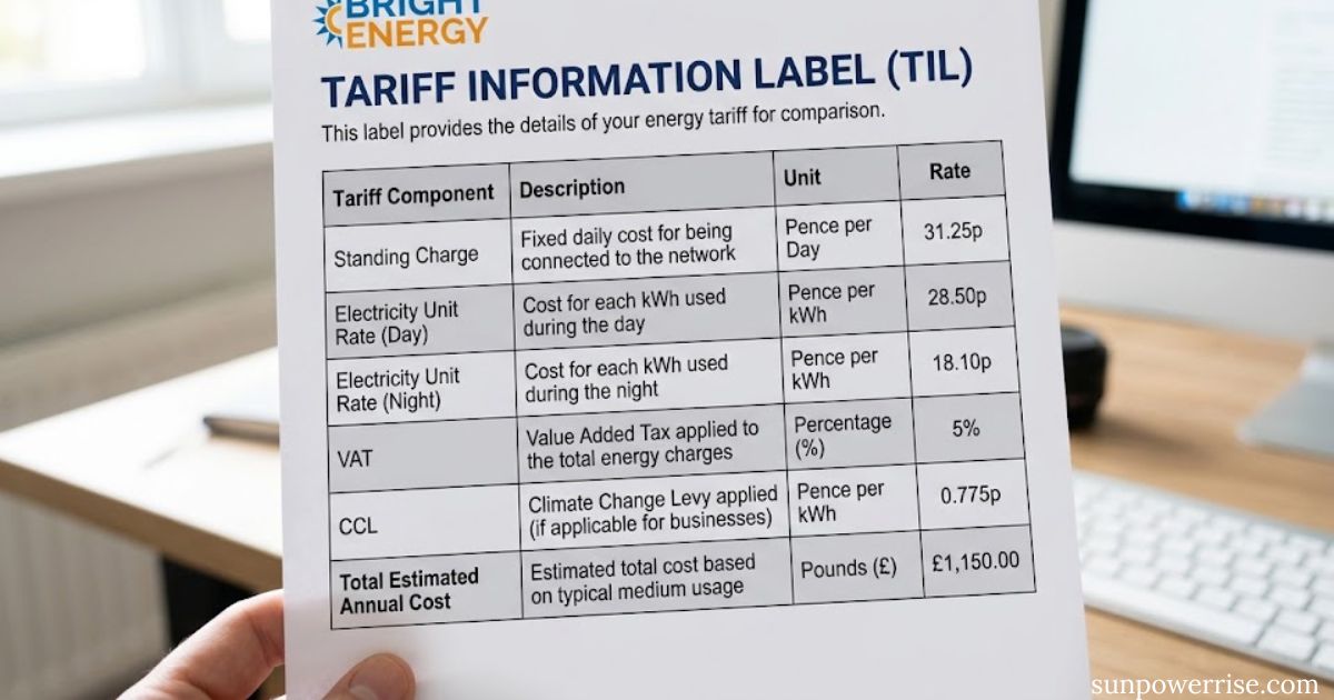 Tariff information label showing energy charges, standing rates, VAT, and estimated annual cost.