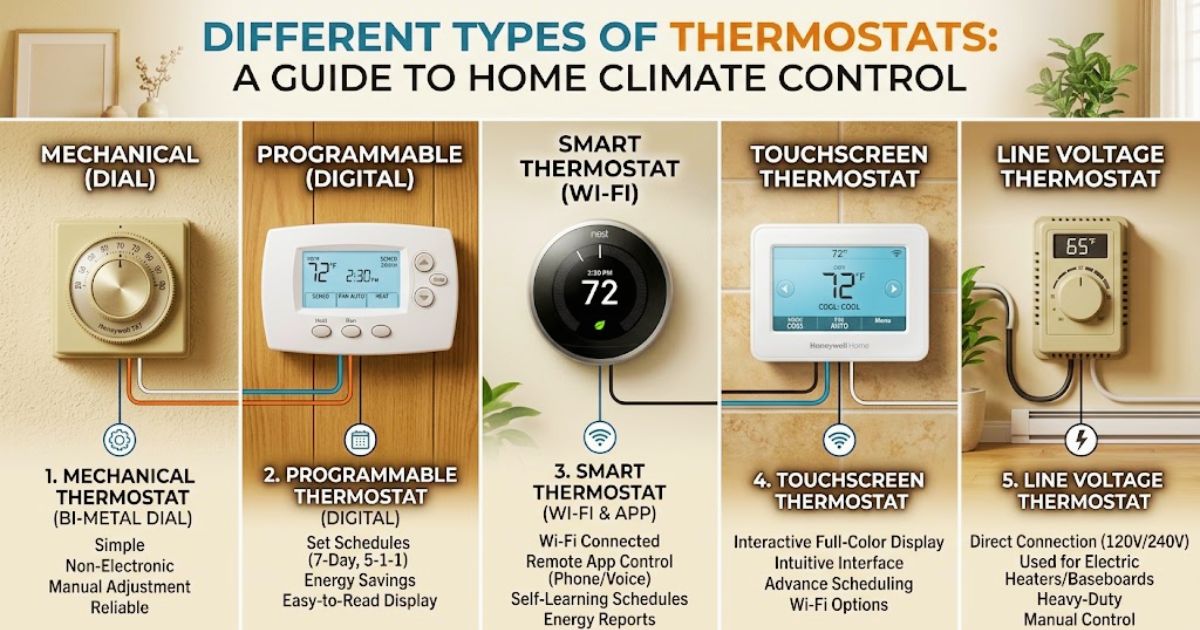 Different types of thermostat, including mechanical, programmable, smart, touchscreen, and line voltage models.
