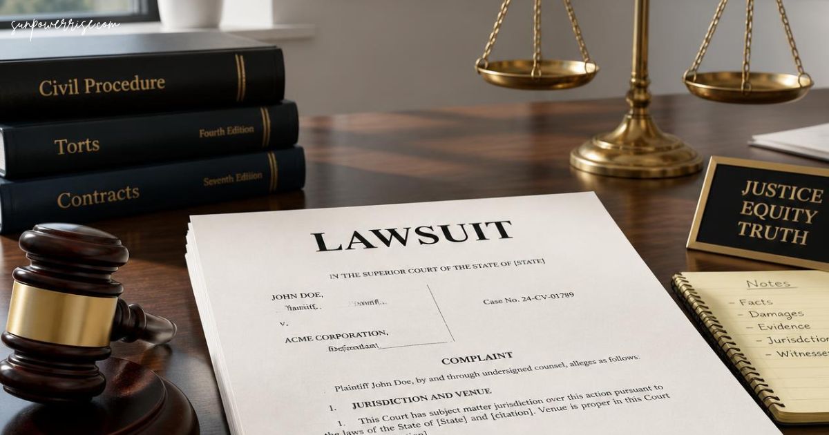 TruLife Distribution lawsuit concept featuring a lawsuit document, judge’s gavel, legal books, scales of justice, and notes about the case.