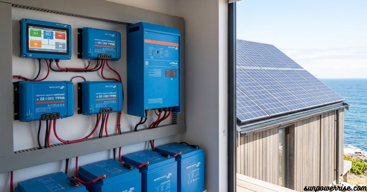 Victron Energy solar power system with blue inverters, chargers, batteries, and control equipment installed beside rooftop solar panels overlooking the ocean.