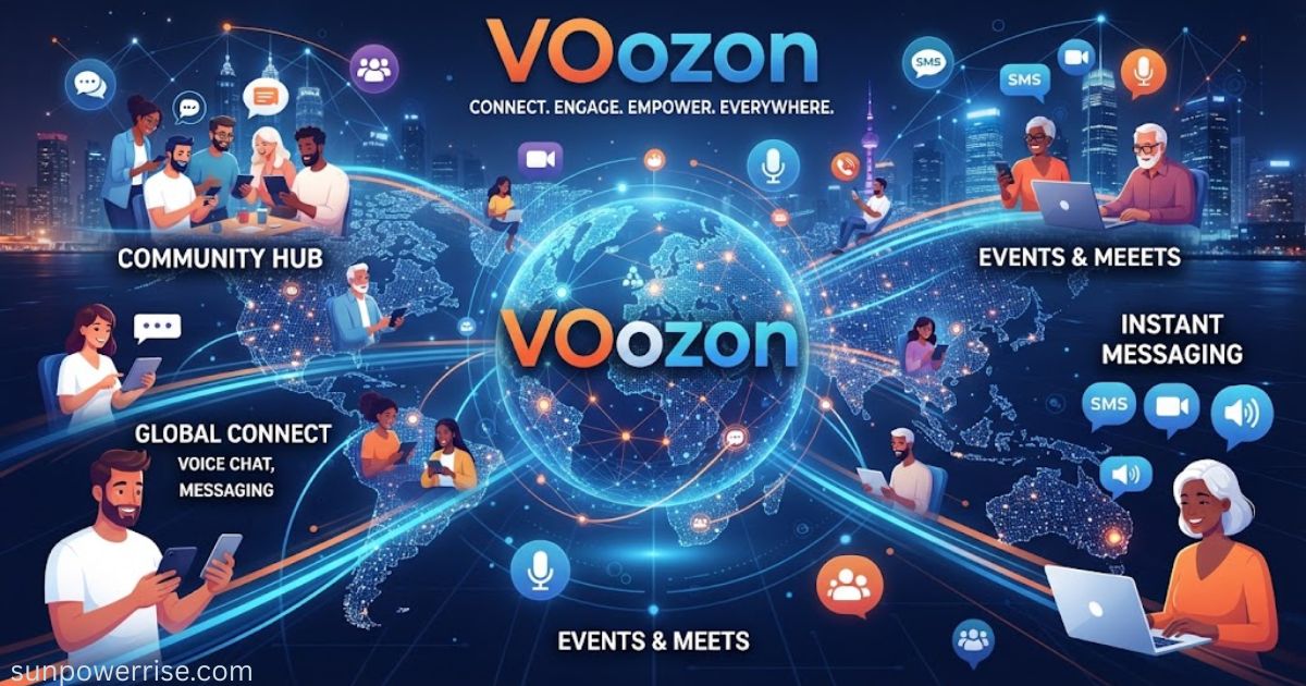 Voozon global communication platform graphic showing messaging, voice chat, events, meetings, and worldwide connections.